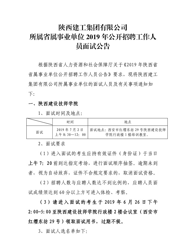 2019陜西省屬事業(yè)單位面試公告（陜西建工集團(tuán))(圖1)